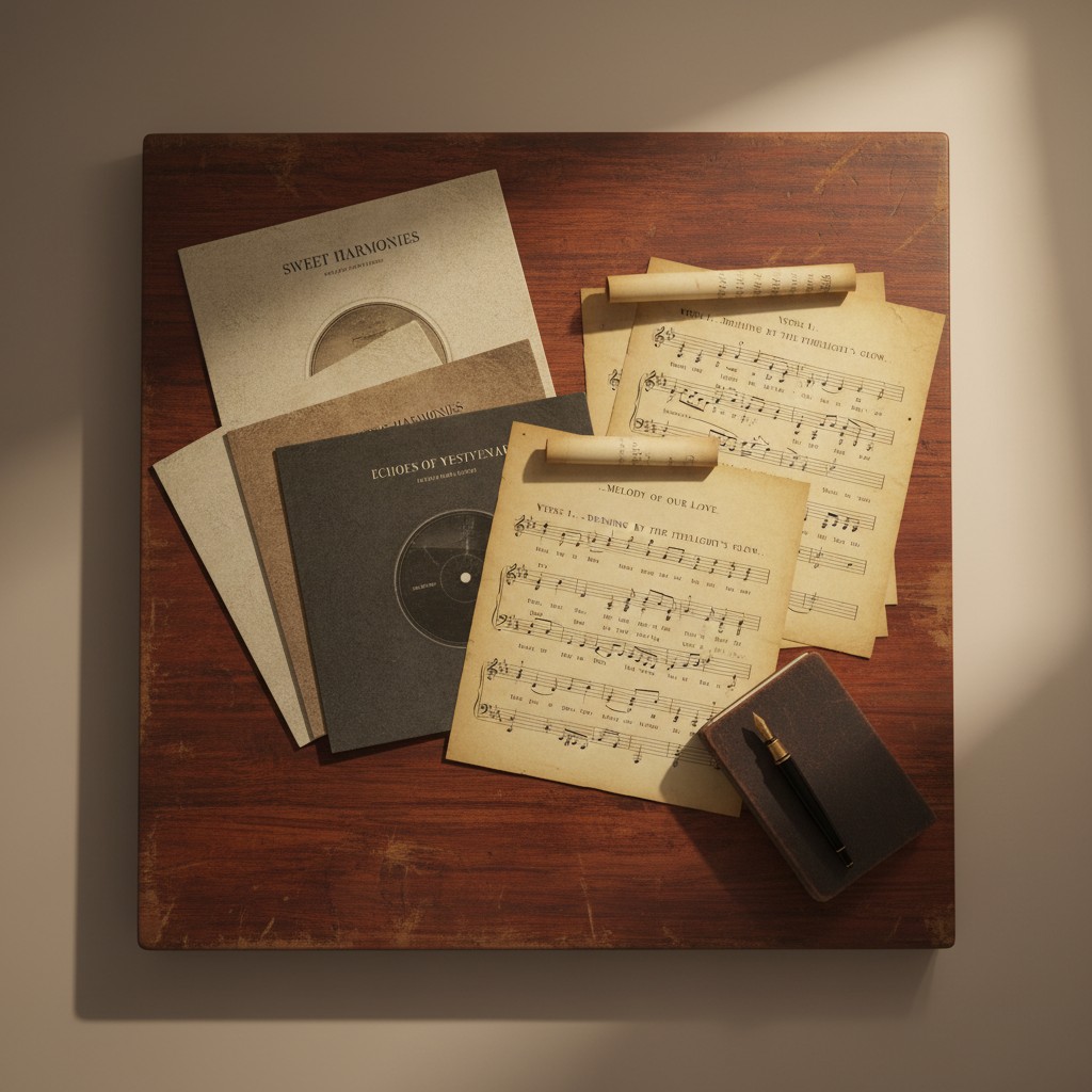 A square wooden board rests on a table, displaying a selection of musical sheets, a small notebook, and an ink pen. In the...