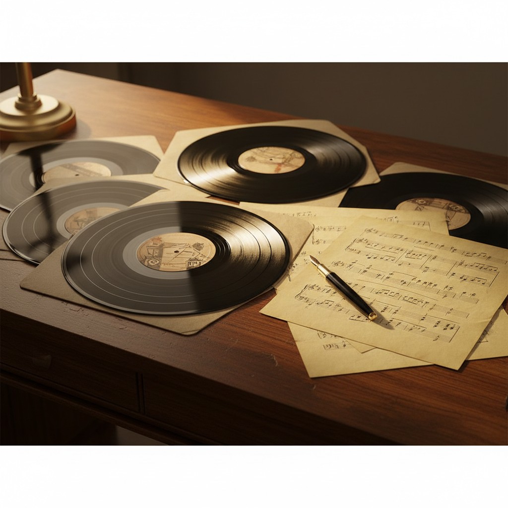 title A collection of vinyl records, identified by their spiral groove marks, and sheet music lies on a wooden desk. A gold-fram...