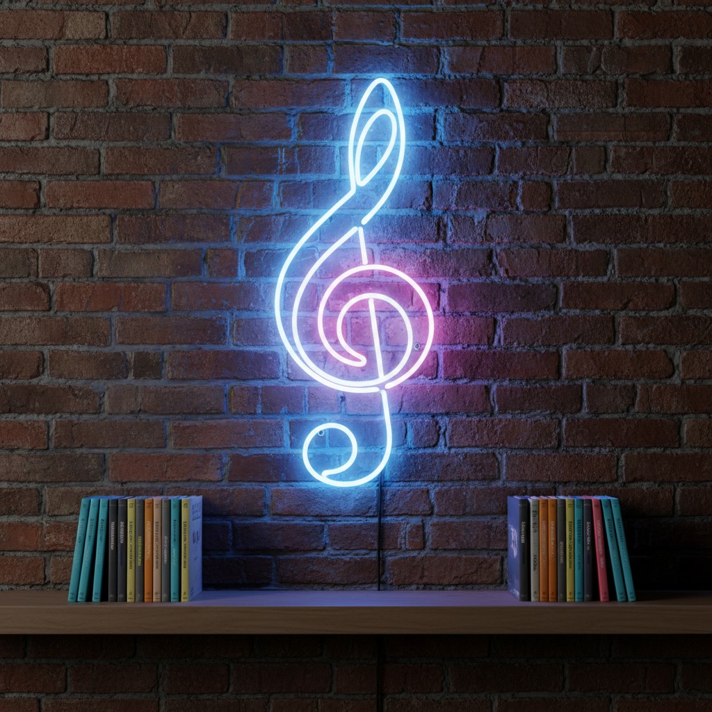 musical note on brick wall, bookshelf and wooden shelves.